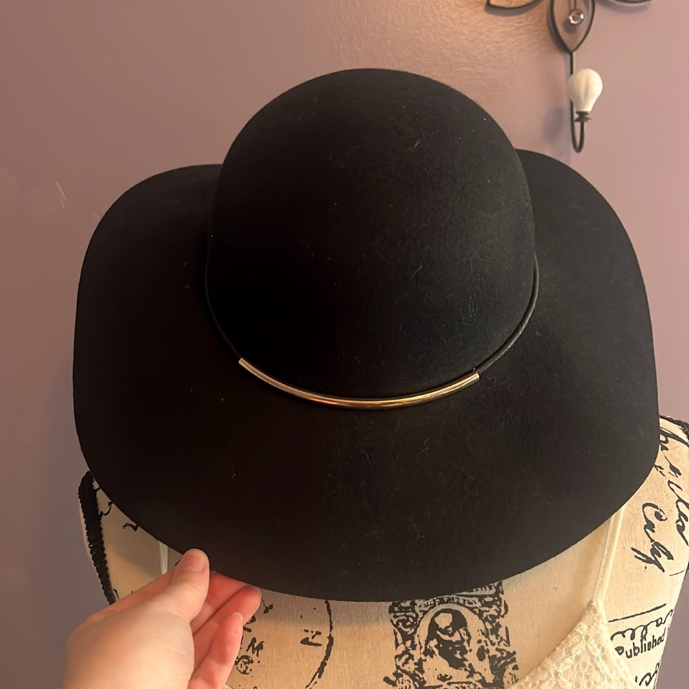 Nine West Black Floppy Brim Hat with Gold detail
